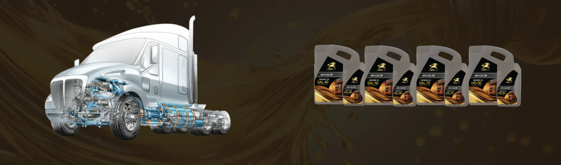 RAMCO heavy-duty truck cutaway beside engine oil packs